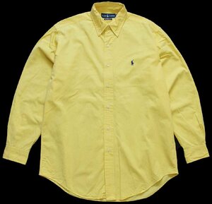 ★90s ラルフローレン ワンポイント ボタンダウン コットンシャツ 黄★70 オールド ロゴ刺繍 イエロー 無地 クラシック オーバーサイズ