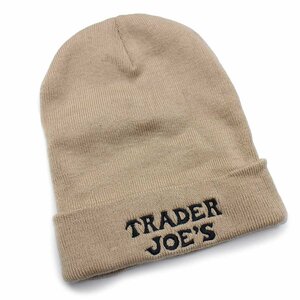 ★TRADER JOE'S 刺繍 アクリル ニットキャップ ブラウンベージュ★ニット帽 ビーニー トレーダージョーズ スーパーマーケット 企業