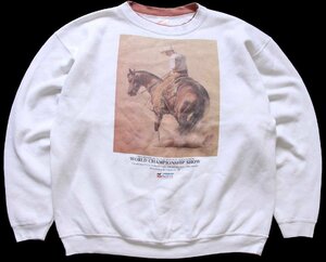 ★90s USA製 1994 AMERICAN QUARTER HORSE ASSOCIATION アート レイヤードネック スウェット オフホワイト XXL★特大オールド ビッグサイズ