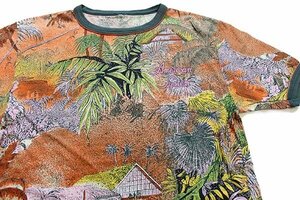 ★80s American System アート オールオーバープリント リンガーTシャツ★オールド ビンテージ ユーロ 全面 リーフ ジャングル 南国