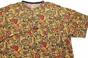 ★80s UNKNOWN 花柄 総柄 ヘンリーネック ショート丈 コットン 鹿の子 Tシャツ マスタード★オールド ビンテージ ユーロ ヨーロッパ リーフ