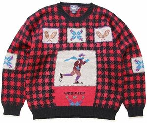 ★90s Woolrichウールリッチ アイススケート バッファローチェック ウール ハンドニット セーター XL★オールド ビンテージ パネル 刺繍