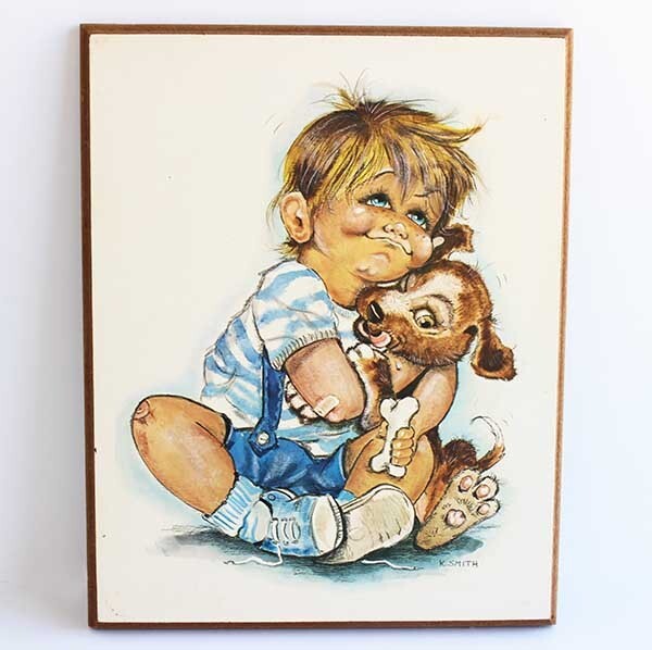 ★K.SMITH Boy Puppy Painted Wall Decor★Art Wall Hanging Pet Dog Old Vintage, Artwork, Painting, others