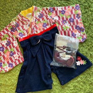 【美品】袴ロンパース　梅　和服花矢絣柄 80センチ　靴下付 大正ロマン