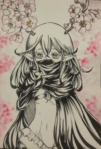 手描きイラスト★オリジナル　B５サイズ ペン画　モノクロ　少女　『桜の精霊。』