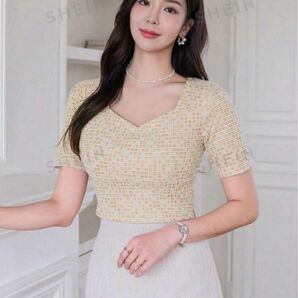 ツイード　トップス　ベージュ　ハートネック　カットソー　半袖　オシャレ　夏服　カジュアル　S