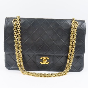 79247CHANEL シャネル Wフラップ マトラッセ チェーンショルダーバッグ ターンロック ココマーク ヴィンテージ ラムスキン ブラック