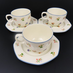 41221★1円スタート★Wedgwood ウェッジウッド 未使用品 展示品 カップ＆ソーサー 3客 セット 花柄 フラワー 食器 陶器 マルチカラー