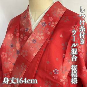 【Wellriver】 桜模様 お洒落 小紋 ウール混合 しつけ糸付き 身丈164cm 和装 和服 着物 #C728.