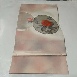 【wellriver】 名古屋帯 八寸 着物 正絹 綴織 刺繍 円形に椿 花柄 可愛い 和装 和服 #B485！