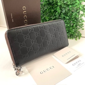 1円 美品 GUCCI グッチ シマ ブラウン マットブラック ラウンドファスナー長財布 ユニセックス