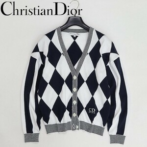 ヴィンテージ◆Christian Dior SPORTS クリスチャン ディオール チェック×ストライプ柄 切替 ロゴ刺繍 コットン ニット カーディガン M