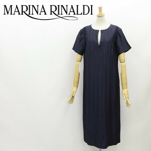 ◆MARINA RINALDI マリナリナルディ リネン＆シルク混 スリットネック ワンピース 紺 ネイビー 15 大きいサイズ
