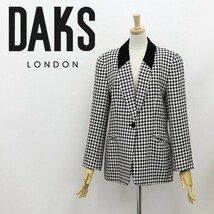 ◆DAKS ダックス 千鳥柄 シルク混 襟ベロア 切替 ウール ショールカラー1釦 ジャケット オフホワイト×ブラック 9AR_画像1