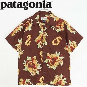 美品◆patagonia パタゴニア パタロハ 52538 ウクレレ ハイビスカス レイ 総柄 コットン アロハ シャツ 茶色 ブラウン S