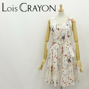 ◆Lois CRAYON ロイスクレヨン 総柄 ウエストリボン フレア ノースリーブ ワンピース M