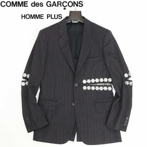 ◆COMME des GARCONS HOMME PLUS コムデギャルソン AD2015 ストライプ柄 スナップボタン装飾 切りっぱなし 変形 ジャケット S