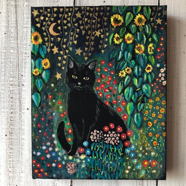 Schwarze Katze in Klimts Garten F0 Größe Kunstwerk Original Katze Yoko Tokushimas Werk Acrylgemälde, Kunstwerk, Malerei, Acryl, Schnittwunde