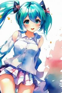  Hatsune Miku pretty girl young lady swimsuit fan art illustration watercolor painting paper 37