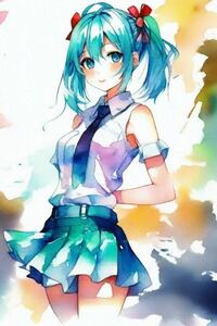  Hatsune Miku pretty girl young lady swimsuit fan art illustration watercolor painting paper 38