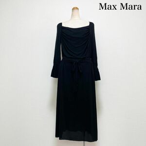 MaxMara レーヨン混ドレープワンピース 黒 白タグ イタリア製 上品素敵