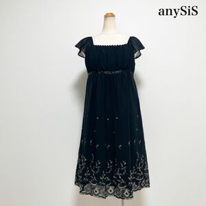 anySiS エニィスィス 膝丈シフォン刺繍ドレスワンピース 黒 結婚式 パーティー お呼ばれ