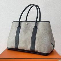 1円 ◎ HERMES エルメス ガーデンパーティPM 36 トートバッグ ハンドバッグ トワルアッシュ レザー グレー×ブラック T刻印 フランス製_画像1