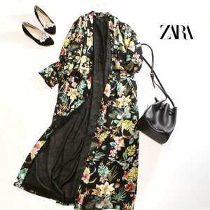 ザラ トラファルク ZARA 華やか 花柄 ロング カーディガン マキシ丈 ボタニカル フラワープリント ジレ 羽織り L XL ブラック 黒