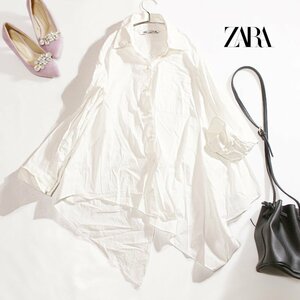 ZARA ザラ 春 夏 ゆったり シンプル 変形 デザイン 長袖 シャツ ブラウス ロングシャツ ロング丈 S 無地 ホワイト 白 シンプル 透け