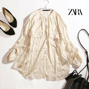 ZARA BASIC ザラ ベーシック 春 夏 2way ロールアップ 艶 スタッズボタン ロング丈 シフォンシャツ ブラウス XL ライトベージュ ゆったり