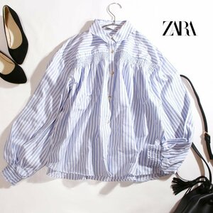 ZARA ザラ ストライプ柄 春 夏 オーガンジー シャーリングギャザー ナチュラル 長袖 シャツ ブラウス S ホワイト 白 ネイビー 紺 水色