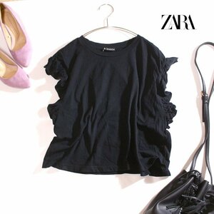 ZARA ザラ 夏 フリルスリーブ 半袖 Tシャツ カットソー M ブラック 黒