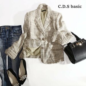 美品 C.D.S basic ウールツイードジャケット 38 9号 ベージュ ホワイト 白 ミセス フォーマル ミックスツイード セレモニー 綺麗め 冬 春