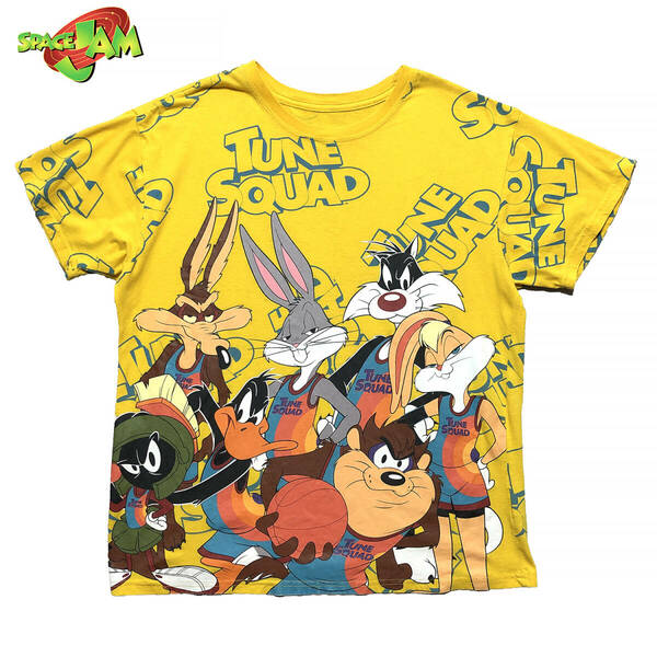 USA 古着 ルーニーテューンズ スペースジャム チューンスクアッド キャラクター Tシャツ メンズL 黄色 総柄 Looney Tunes BA2563