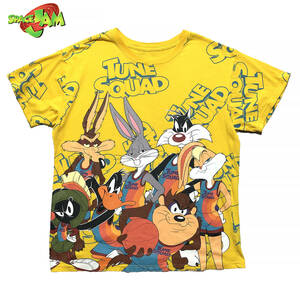 USA 古着 ルーニーテューンズ スペースジャム チューンスクアッド キャラクター Tシャツ メンズL 黄色 総柄 Looney Tunes BA2563