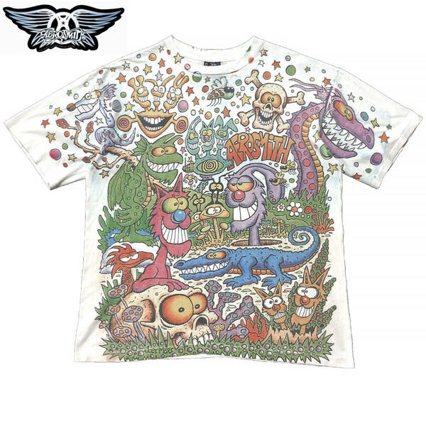 90S USA製 ヴィンテージ エアロスミス 総柄 ロック Tシャツ ロックT バンドT メンズXL ジョーイマーズ AEROSMITH 古着 GIANT BA2616