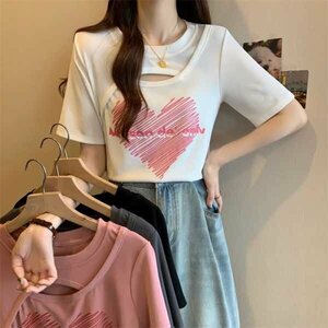 L～5L 大きいサイズ 夏涼感 胸元空き可愛いハート柄プリント Tシャツ 5L グレー