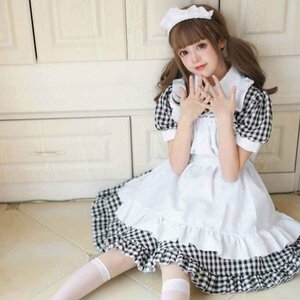 コスプレ メイド服 エプロン ロリータ クラシカル ゴスロリ ドレス 3set 4L チエック柄