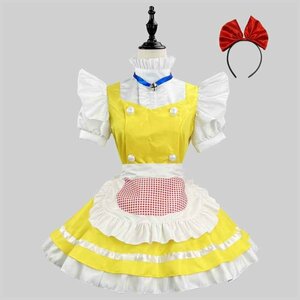 S～6L大きいサイズ★イエロー系コスプレ チエック柄エプロン メイド服 4set 4L イエロー