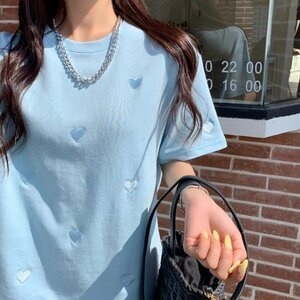 トップス Tシャツ ゆるい ハート 刺繍 韓国ファッション 半袖 コットン M グリーン
