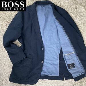 1円〜 【極美品！】 ヒューゴボス HUGOBOSSメンズ ビジネス テーラードジャケット リネン コットン 柄 総裏地 50 L相当 ネイビー