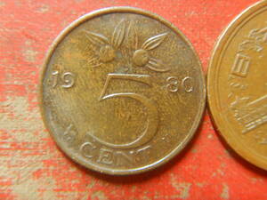 外国・オランダ／５セント青銅貨：ユリアナ女王（1980年）　240421