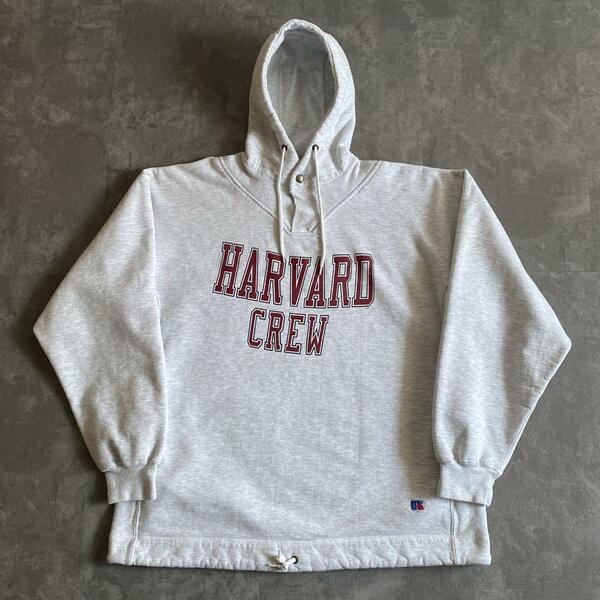 90s ビンテージ USA製 RUSSELL ラッセル PRO COTTON プロ コットン HARVARD CREW ハーバード 2段プリント スウェット パーカー XL グレー