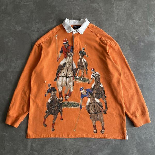 90s ビンテージ Polo by Ralph Lauren ポロ ラルフローレン Five Horsemen 5ホースマン ラグビー シャツ ラガーシャツ L オレンジ