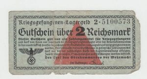 【ナチス鉤十字】第二次大戦ドイツ捕虜収容所紙幣 2ライヒスマルク（1939-44）[A031]