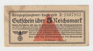 【ナチス鉤十字】第二次大戦ドイツ捕虜収容所紙幣 5ライヒスマルク（1939-44）[A029]