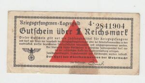 【ナチス鉤十字】第二次大戦ドイツ捕虜収容所紙幣 1ライヒスマルク（1939-44）[A030]