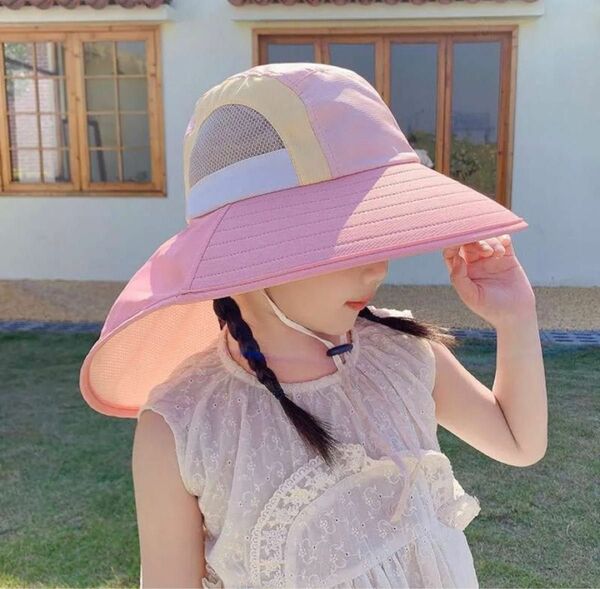 帽子　ハット　キッズハット　UV 紫外線　夏休み　アウトドア　キッズ　プール　ピンク つば広 日よけ 深め UVカット
