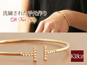 K18GP CZ Diamond T Slim Slim Open Bangle/Pg