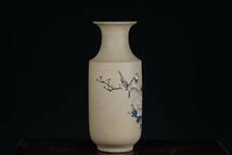 中国宜興　花器　花瓶　白泥　花鳥図彫　H高さ35.2cm 中国宜興款　宜興紫砂_画像4